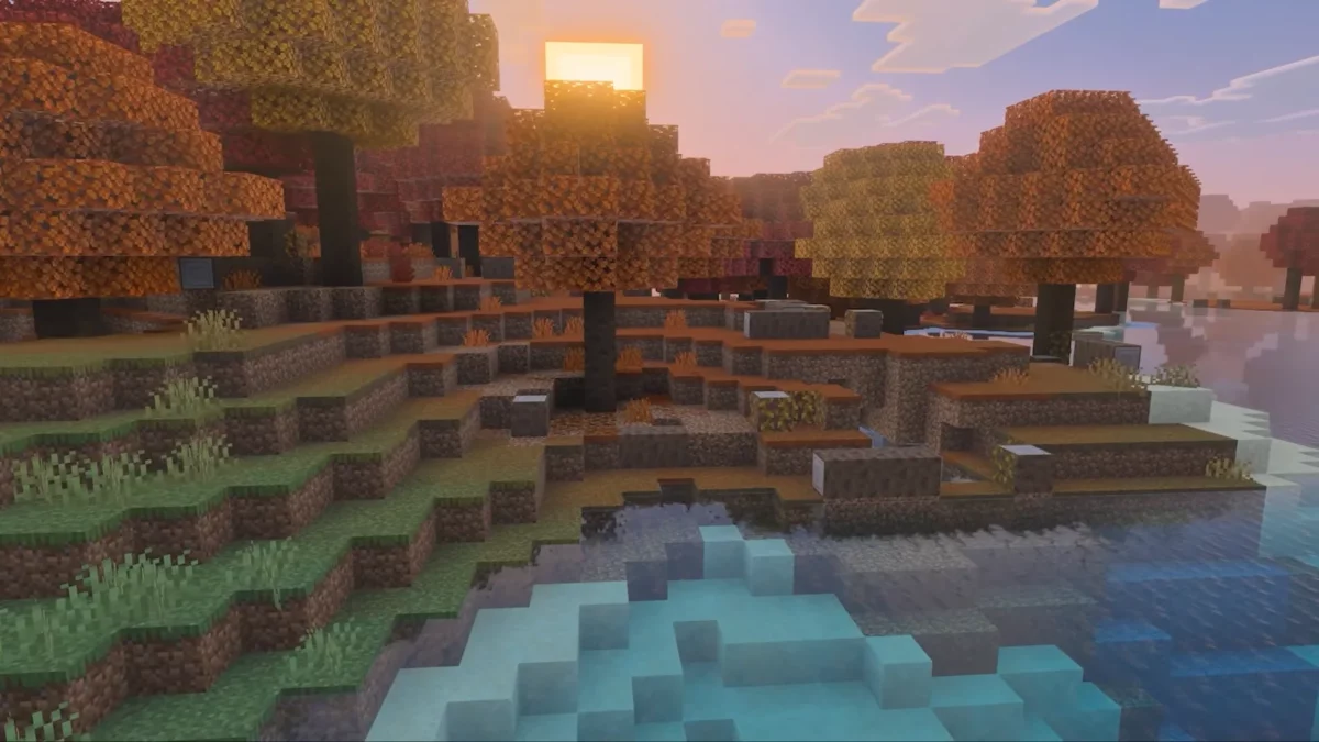 Minecraft forêt de peuplier au bord d'un lac avec des terrasses de terre et des peupliers colorés