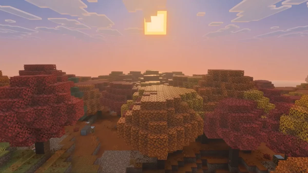 Minecraft forêt de peuplier au coucher du soleil avec des peupliers rouges orange et jaunes