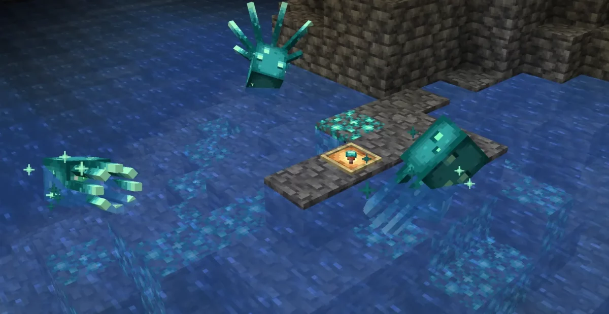 mod Minecraft Galosphere glow flare posée sur une planche entourée de plusieurs calmars luisants attirés par sa lumière