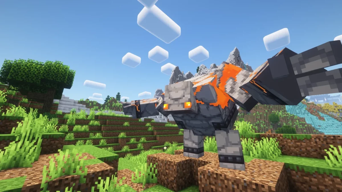 mod Minecraft Goety The Dark Arts golem de redstone serviteur avec veines de lave orange dans un paysage rocheux