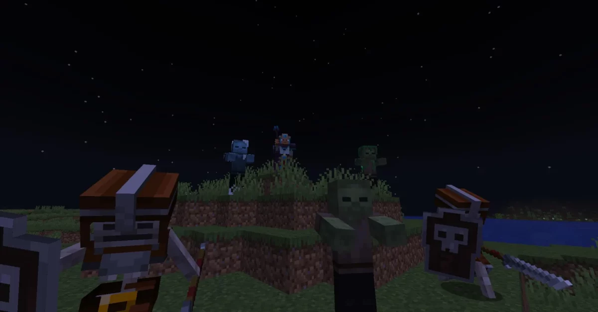 mod Minecraft Goety The Dark Arts groupe de serviteurs invoqués dont squelette zombie et illager sous un ciel étoilé