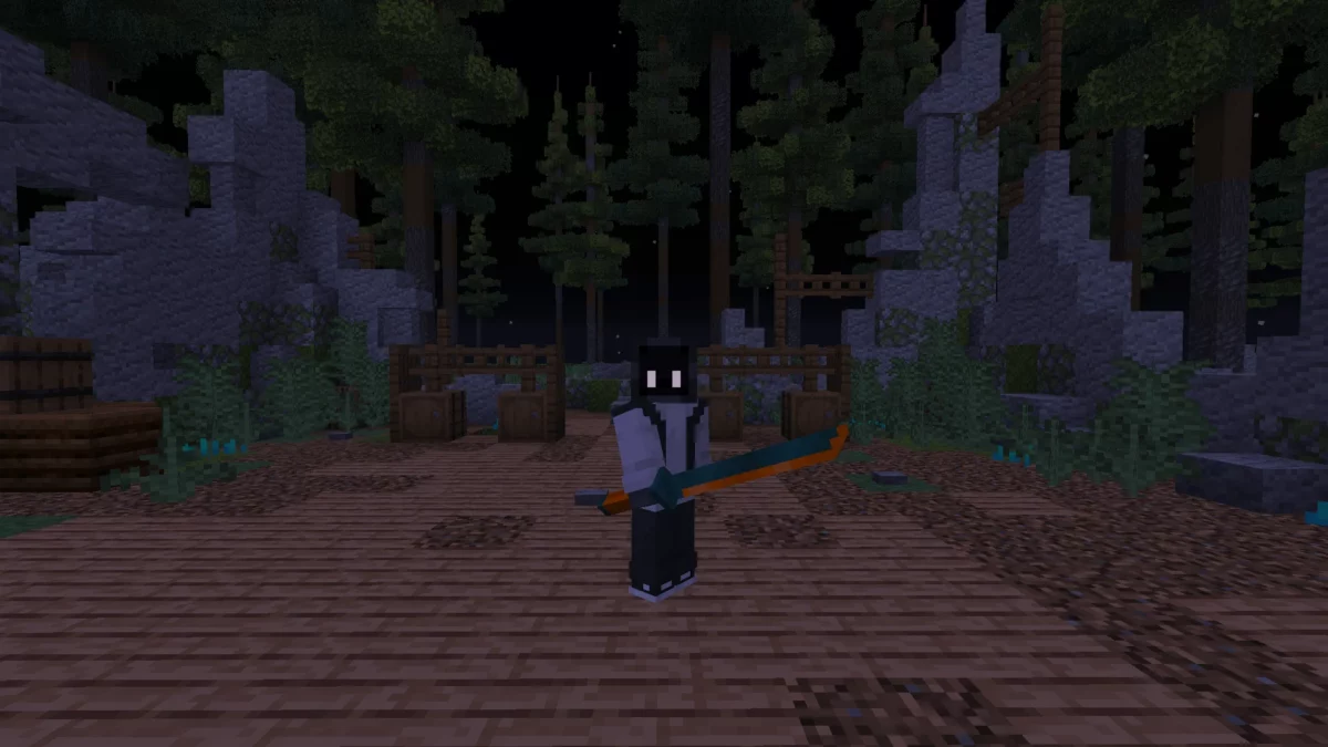 Guardian Katana du mod Minecraft Boss Blades 2.0 tenue par un personnage dans une forêt sombre