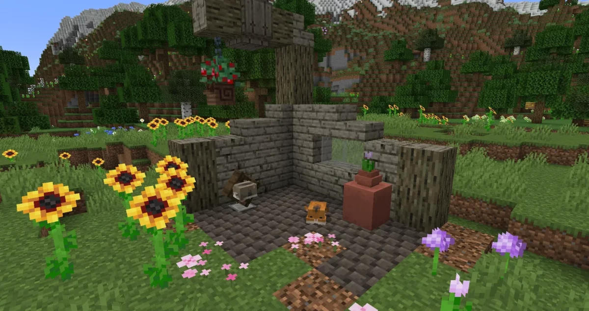 mod Minecraft Spawn deux hamsters dans un petit jardin avec champs de tournesols en arrière-plan