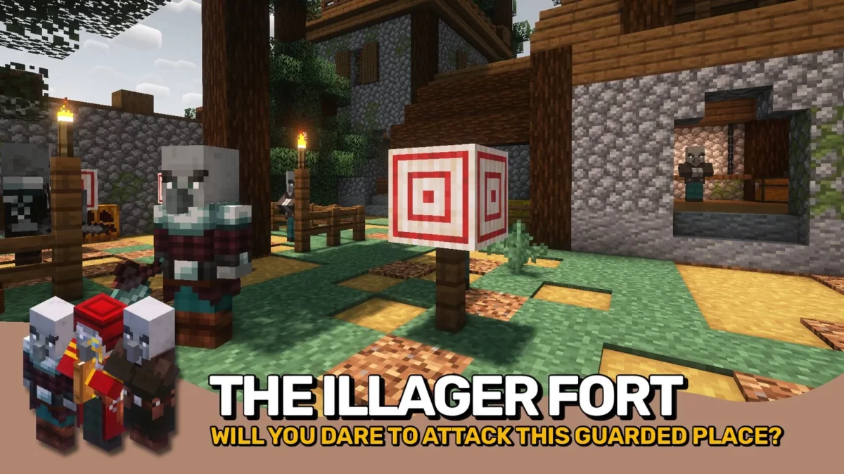 mod Minecraft Illager Invasion intérieur du fort des illagers avec cible d'entraînement et vindicators de garde