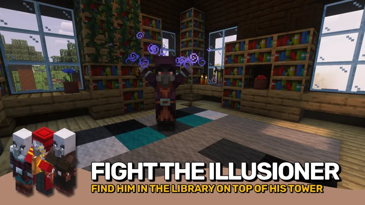 mod Minecraft Illager Invasion combat contre l'Illusioner dans une bibliothèque au sommet de sa tour