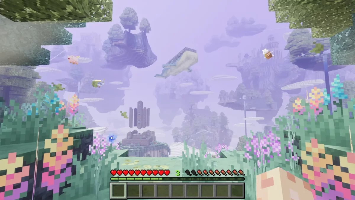 Vue de la dimension Aether dans Minecraft Bedrock avec îles flottantes et créatures volantes