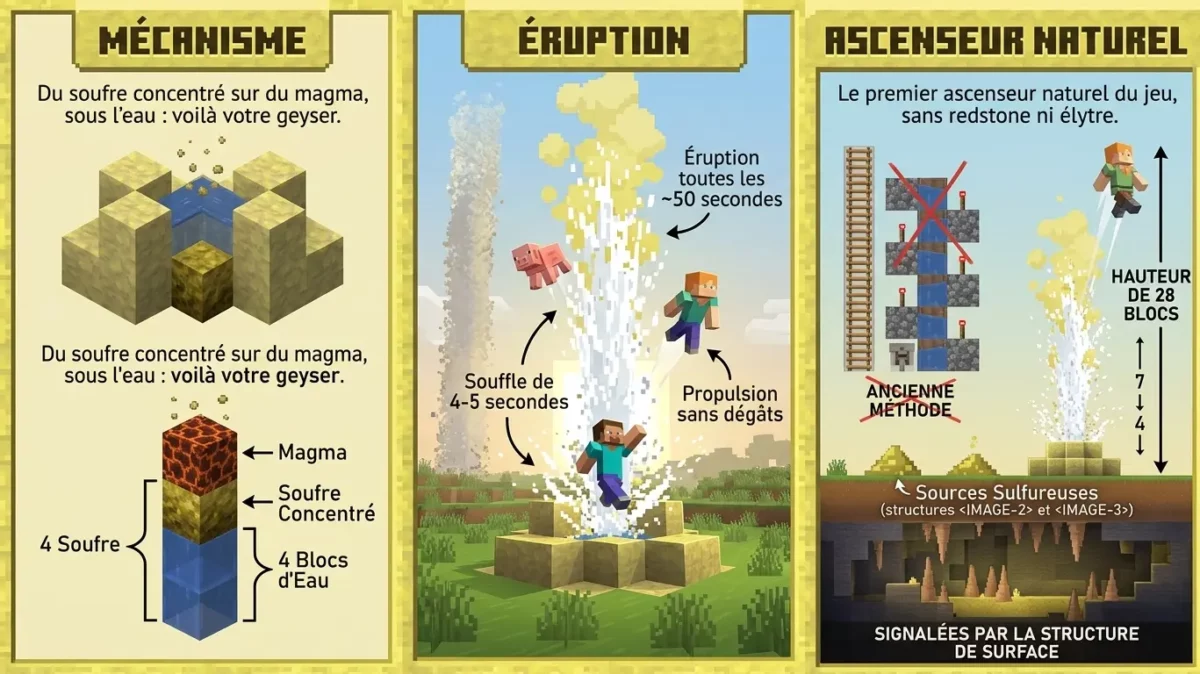 Infographie expliquant le geyser de soufre concentré dans Minecraft, son mécanisme, son éruption et sa propulsion sans dégâts