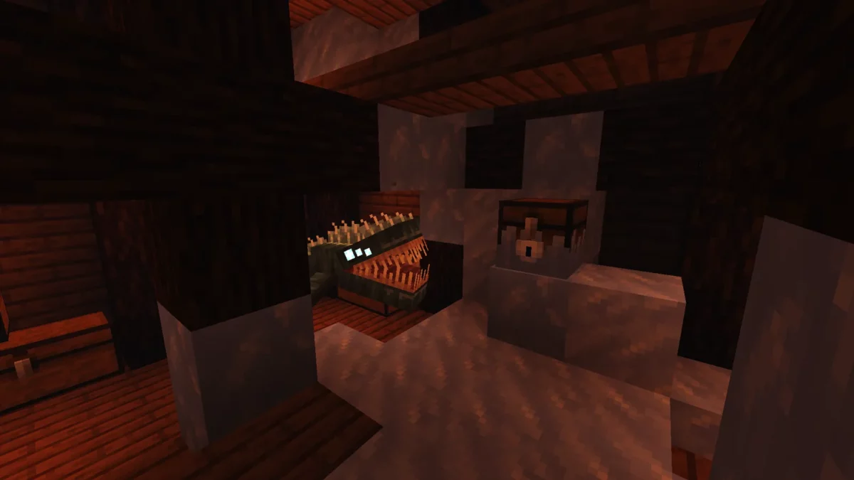 mod Minecraft Aquamirae interieur sombre d'un navire renverse avec une creature aux yeux brillants tapie dans l'ombre