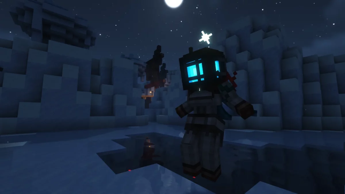 mod Minecraft Aquamirae joueur portant la combinaison de plongee du mod avec son casque eclaire sous la pleine lune