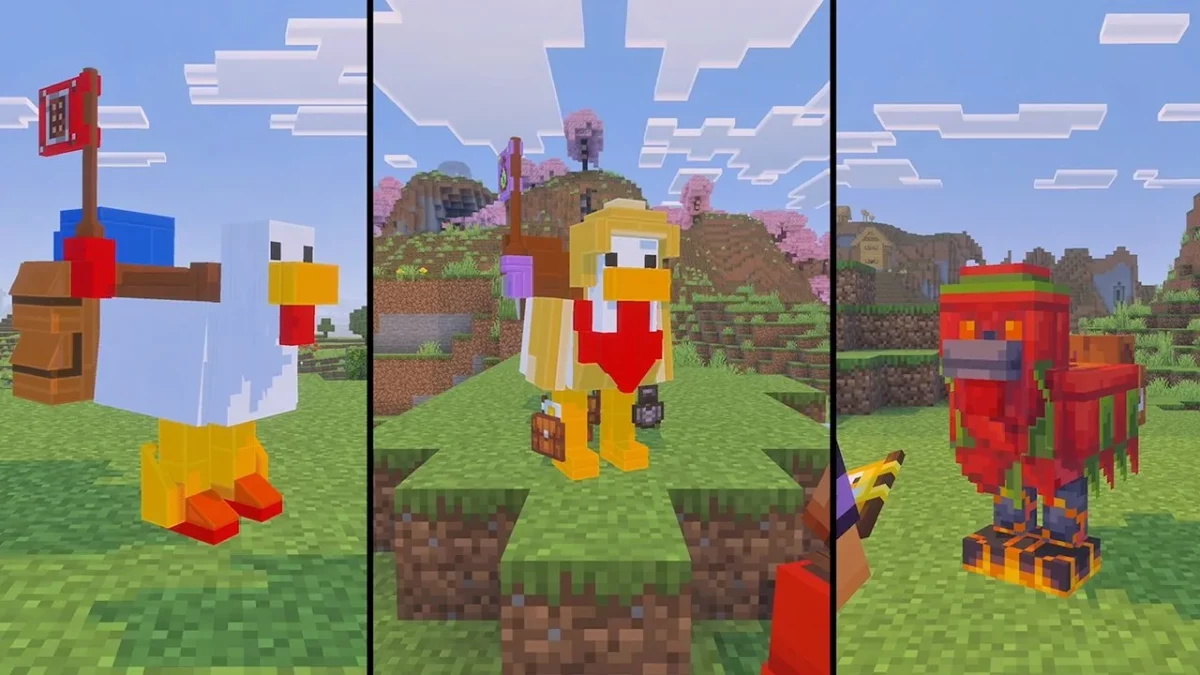 Trois variantes du set LEGO Minecraft Chicken Mounts, une monture poulet blanche, une jaune équipée et une rouge en armure