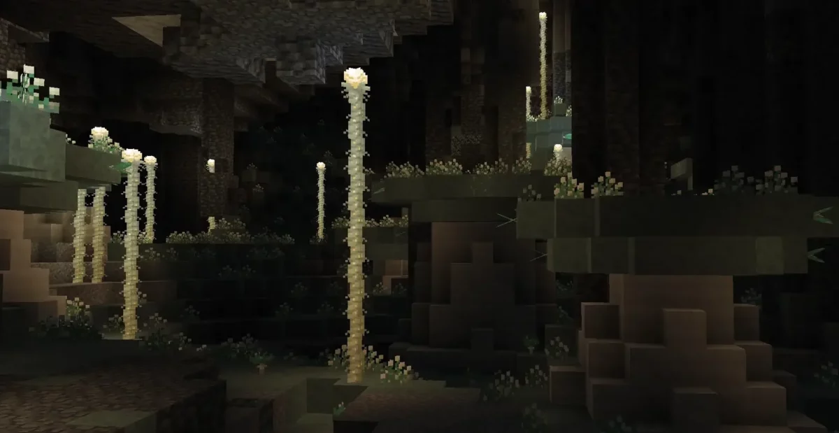 mod Minecraft Galosphere biome Lichen Caves panorama avec champignons lumineux et lichen vert