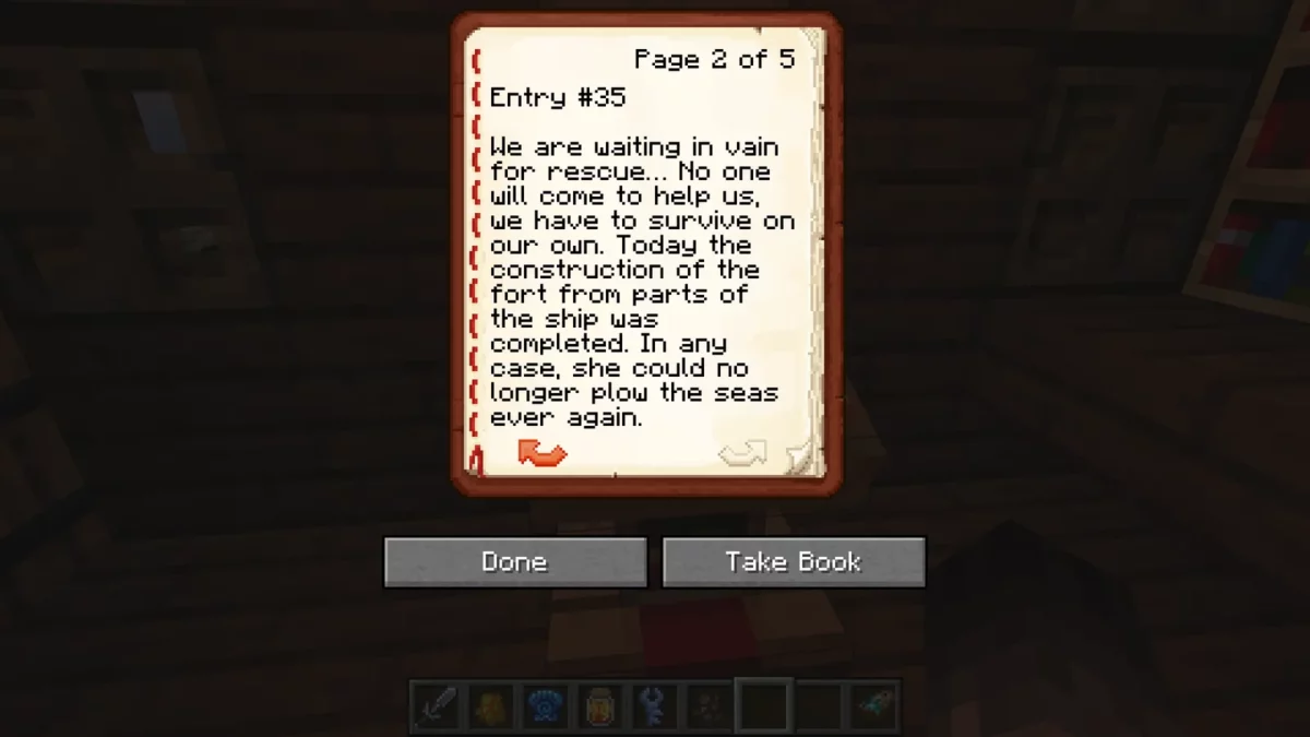 mod Minecraft Aquamirae interface du livre journal racontant la construction d'un fort a partir des restes du navire