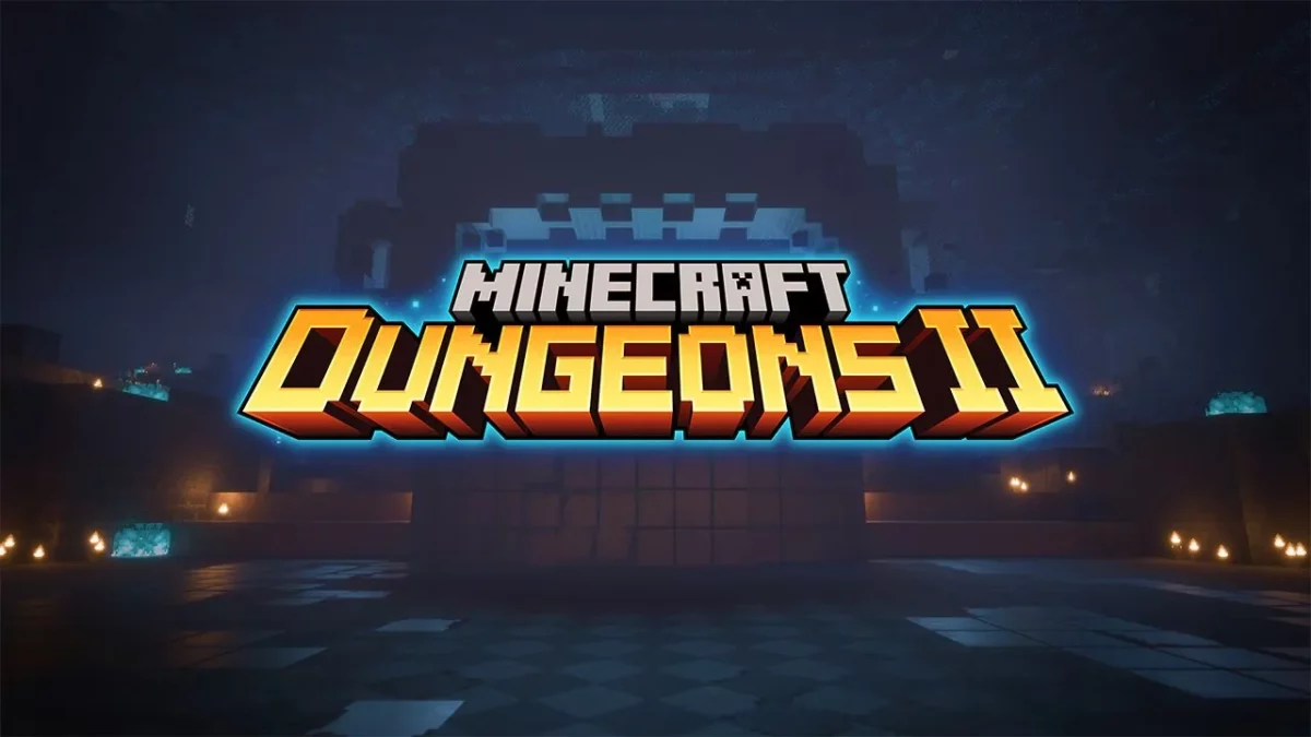 Logo officiel de Minecraft Dungeons II posé sur un fond inspiré du Deep Dark, suite annoncée pour cette année