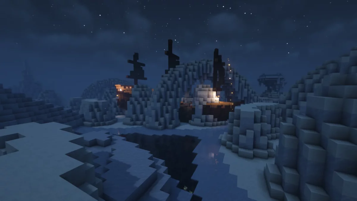 mod Minecraft Aquamirae navire echoue dans la glace eclaire par les lanternes sous le ciel etoile