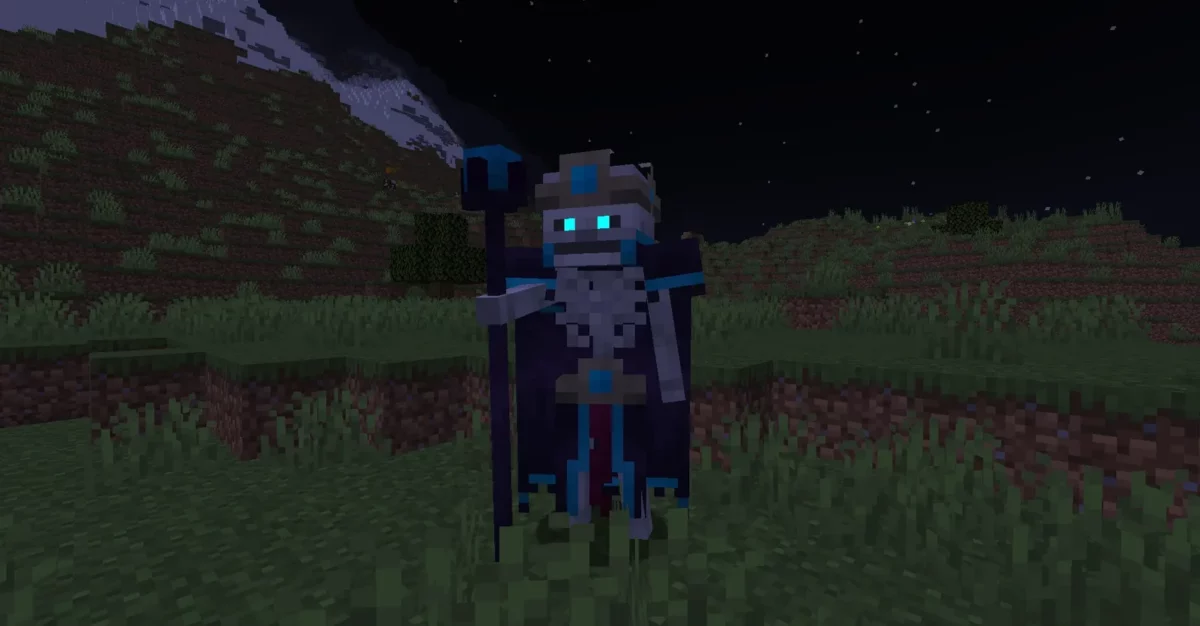 mod Minecraft Goety The Dark Arts nécromancien serviteur aux yeux cyan tenant un bâton de nuit