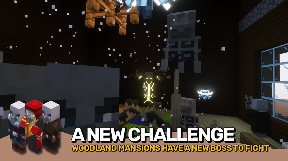 mod Minecraft Illager Invasion combat contre un nouveau boss à l'intérieur d'un manoir des bois