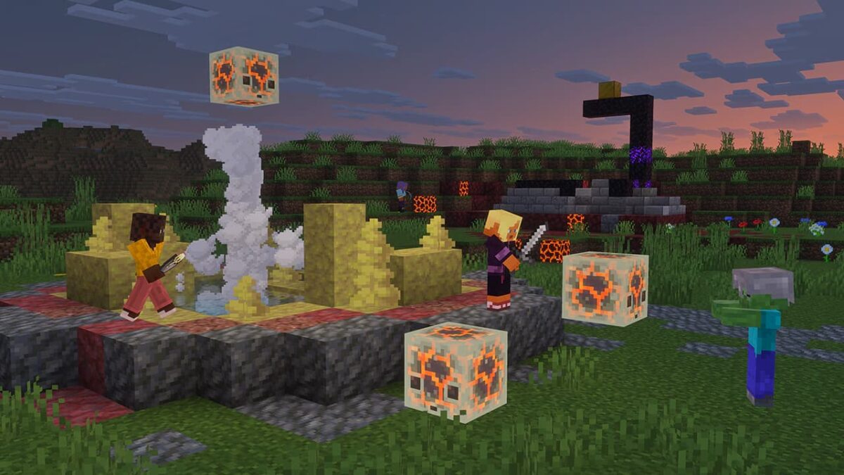 Nouveau design des sources sulfureuses dans la snapshot Chaos Cubed de Minecraft, avec un geyser en éruption et plusieurs cubes de soufre en surface.