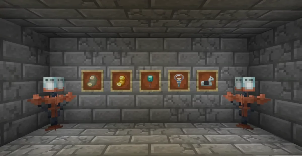 mod Minecraft Galosphere objets divers présentés dans des cadres dont gemmes glow flare et clé encadrés par deux statues en cuivre