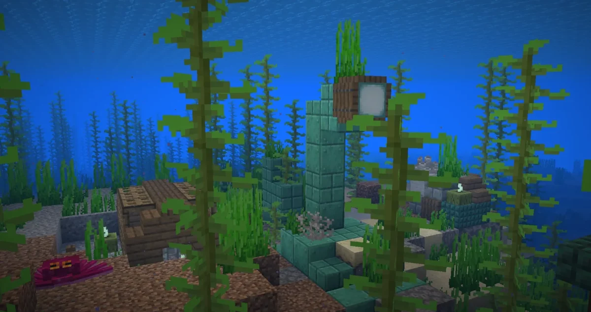 mod Minecraft Spawn structure Octopolis sous-marine entourée de varech avec une pieuvre rouge au sol