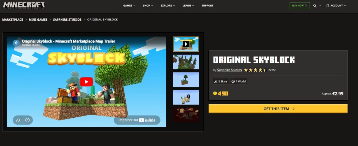"Original Skyblock" par Sapphire Studios sur le Marketplace.