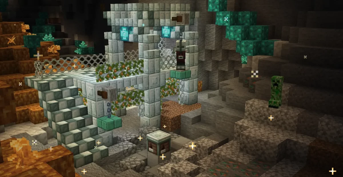 mod Minecraft Galosphere bâtiment construit avec les blocs de palladium et d'allurite du mod dans un Crystal Canyon