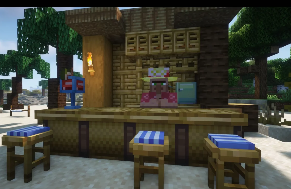 mod Minecraft Let's Do Beachparty villageois en chemise hawaienne derrière le palm bar avec tabourets bleus et radio