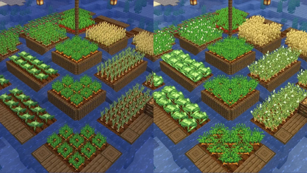 pack de texture Minecraft Fancy Crops vue isométrique d'une grande ferme avec carottes pommes de terre choux et betteraves