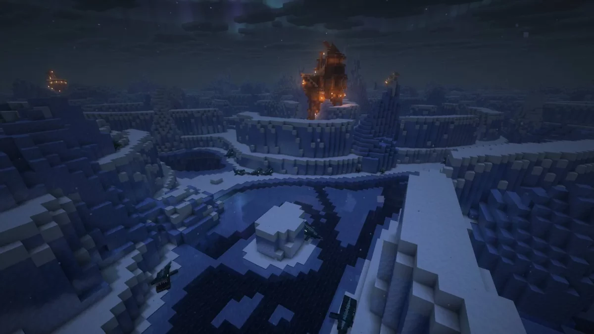 mod Minecraft Aquamirae panorama nocturne du biome avec une tour eclairee et des aurores boreales filantes