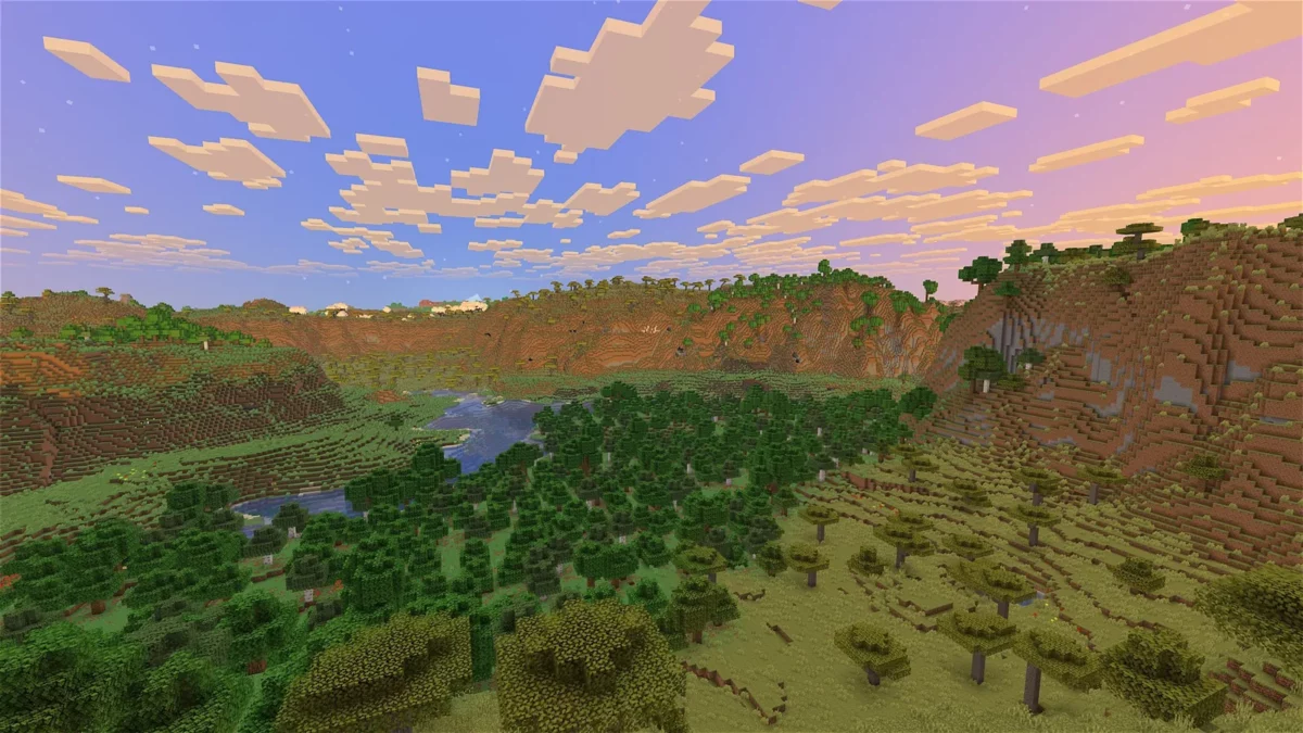 shader Minecraft I Like Vanilla panorama d'une savane traversée par une rivière avec des falaises au crépuscule