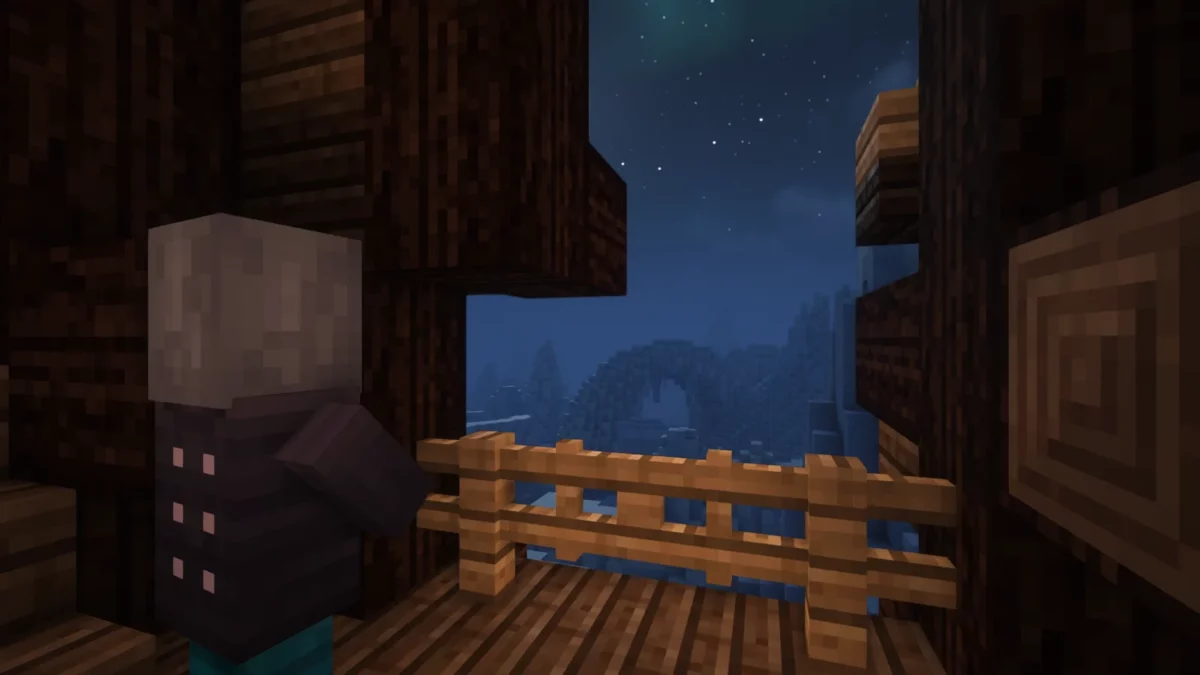 mod Minecraft Aquamirae un pillard observe le paysage gele depuis le pont d'un navire la nuit