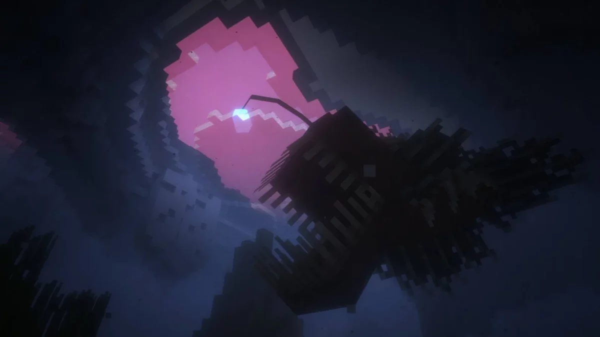mod Minecraft Aquamirae poisson abyssal geant avec une lanterne lumineuse rose dans une grotte sous-marine