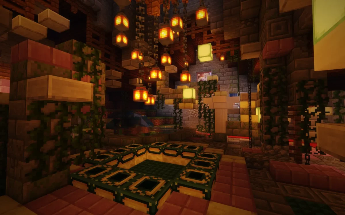mod Minecraft The Lost Castle portail de l'End complet dans une salle envahie par la végétation