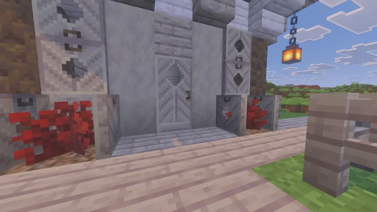 Minecraft porte pancartes et plancher en bois de peuplier avec des arbustes rouges en décoration