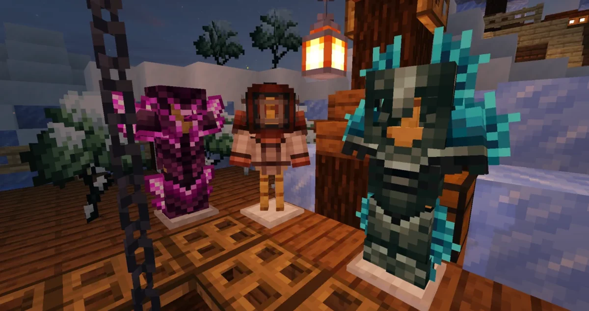 mod Minecraft Aquamirae trois sets d'armures differents alignes sur des mannequins a bord d'un navire