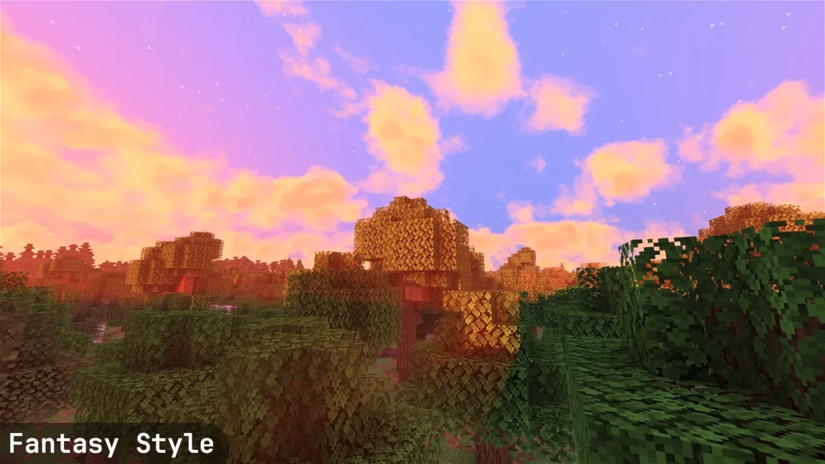 shader Minecraft I Like Vanilla profil Fantasy avec une forêt sous un ciel rose saturé