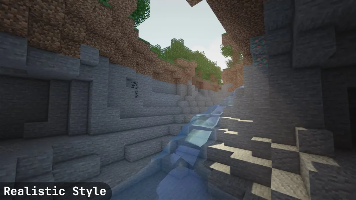 shader Minecraft I Like Vanilla profil Realistic avec une cascade dans une grotte ouverte sur le ciel