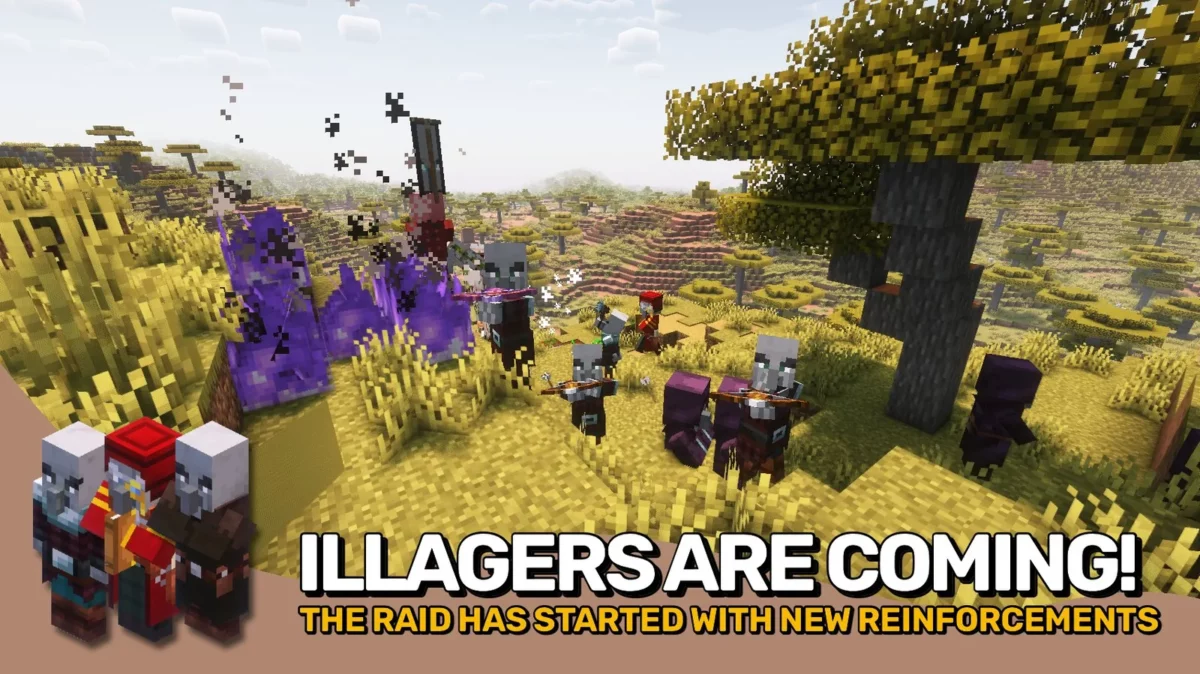 mod Minecraft Illager Invasion plusieurs illagers attaquent ensemble dans un biome de savane avec un evoker au centre