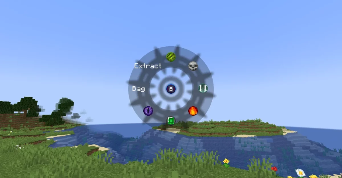 mod Minecraft Goety The Dark Arts roue de sélection des focus affichée à l'écran au-dessus d'un lac