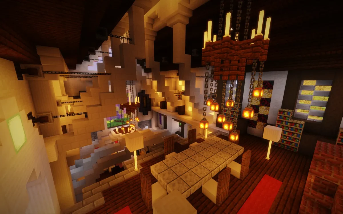 mod Minecraft The Lost Castle salle d'apparat décorée de bannières colorées et lustres de chandelles