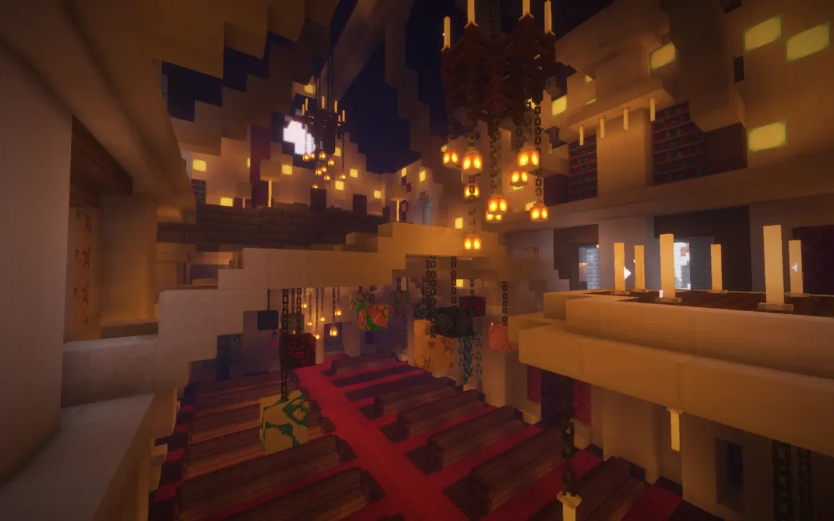 mod Minecraft The Lost Castle salle d'apparat décorée de bannières colorées et lustres de chandelles
