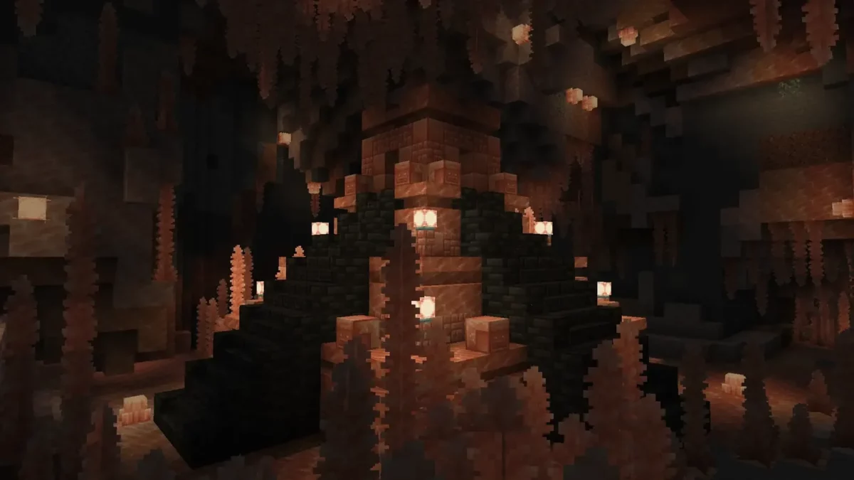mod Minecraft Galosphere sanctuaire ancien en sel rose et briques sombres avec lanternes lumineuses au cœur du biome