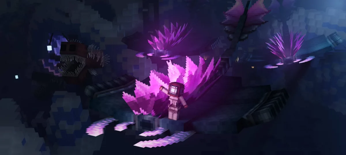 mod Minecraft Aquamirae un plongeur en scaphandre face a des cristaux roses dans les profondeurs hantees par un poisson abyssal