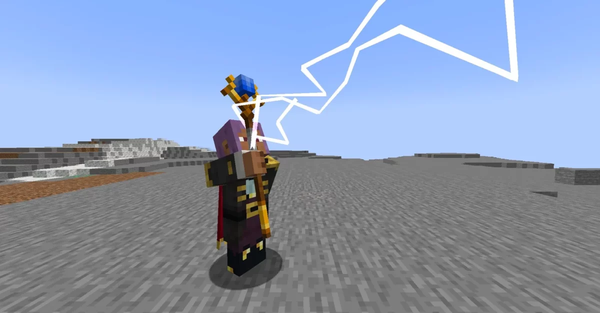 mod Minecraft Goety The Dark Arts mage lançant un éclair depuis un bâton magique sur une plateforme rocheuse