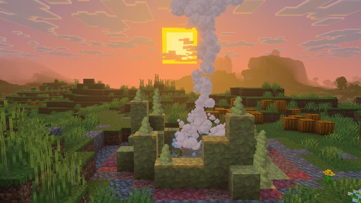 Source sulfureuse en éruption au coucher de soleil dans la snapshot Chaos Cubed de Minecraft, avec ses pointes de soufre et son bassin central.