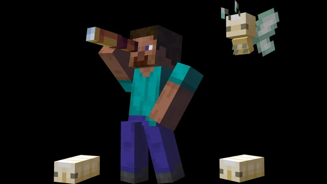 mod Minecraft Galosphere Steve utilisant une longue-vue avec un sparkle en arrière-plan et deux blocs de gemme