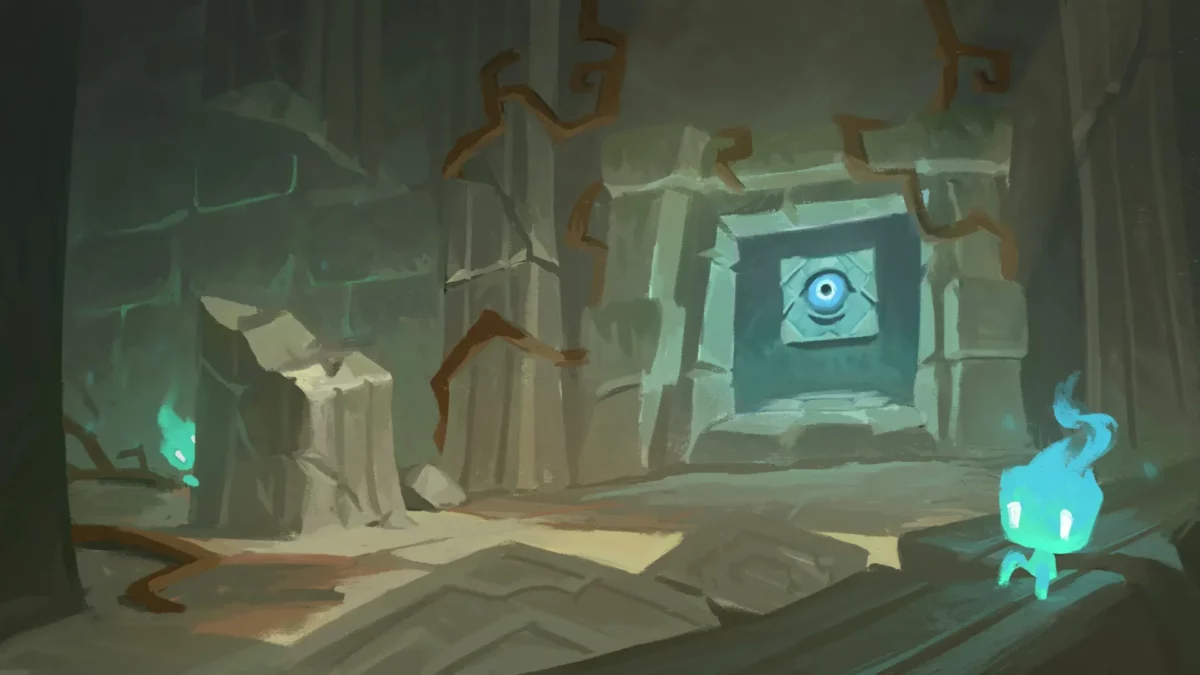 Concept art d'un temple mystérieux avec œil bleu et fantômes dans Aether Legends Minecraft