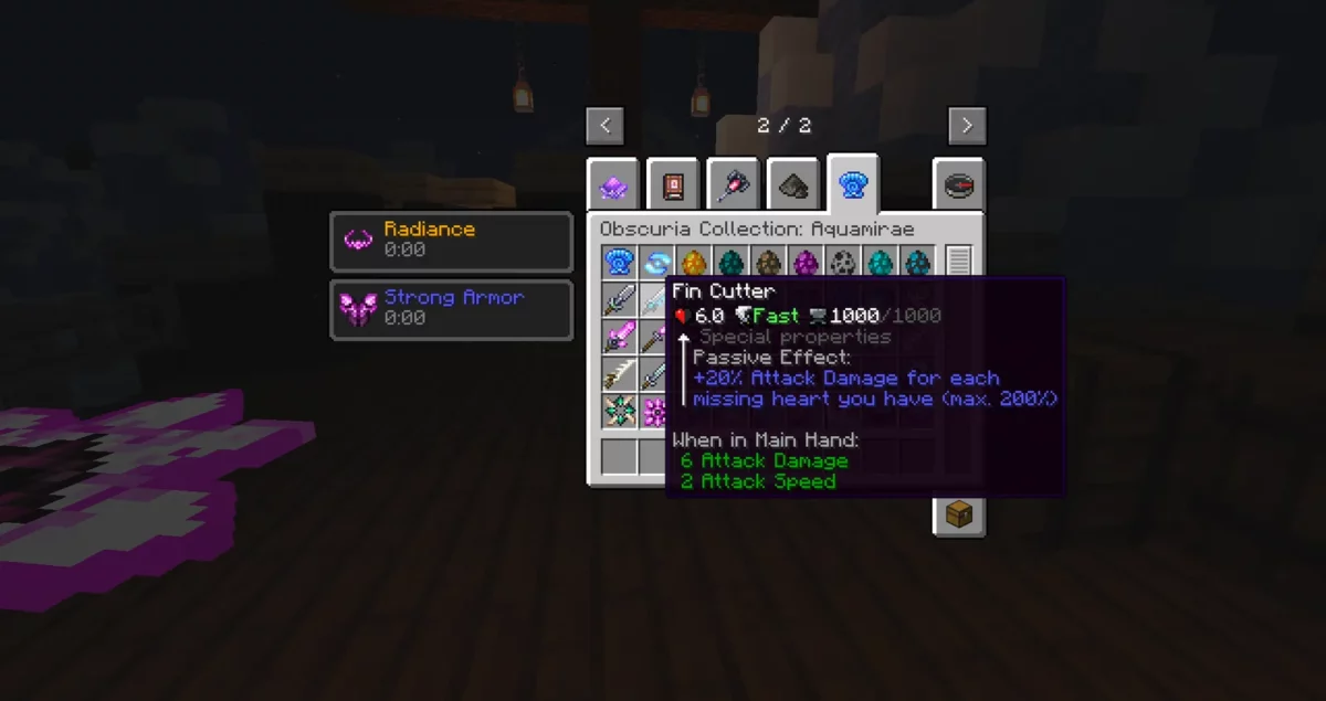 mod Minecraft Aquamirae tooltip de l'arme Fin Cutter mettant en avant son bonus de degats a faible vie