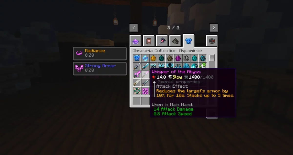 mod Minecraft Aquamirae tooltip de l'arme Whisper of the Abyss avec ses statistiques de combat