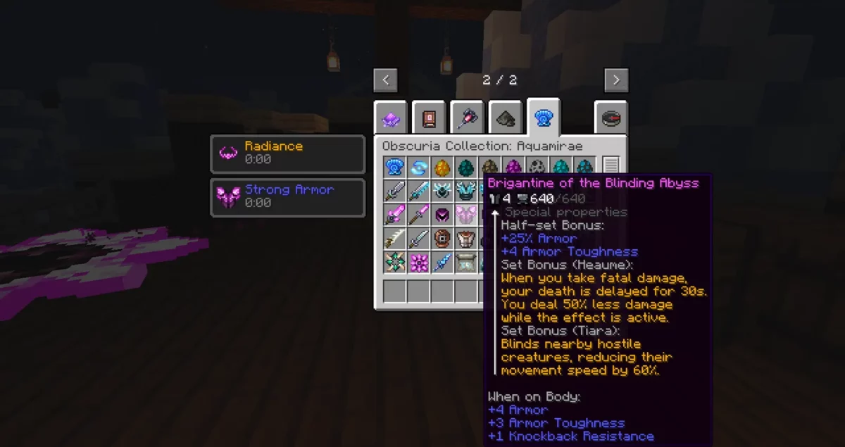 mod Minecraft Aquamirae tooltip de l'armure Brigantine of the Blinding Abyss detaillant ses bonus de set