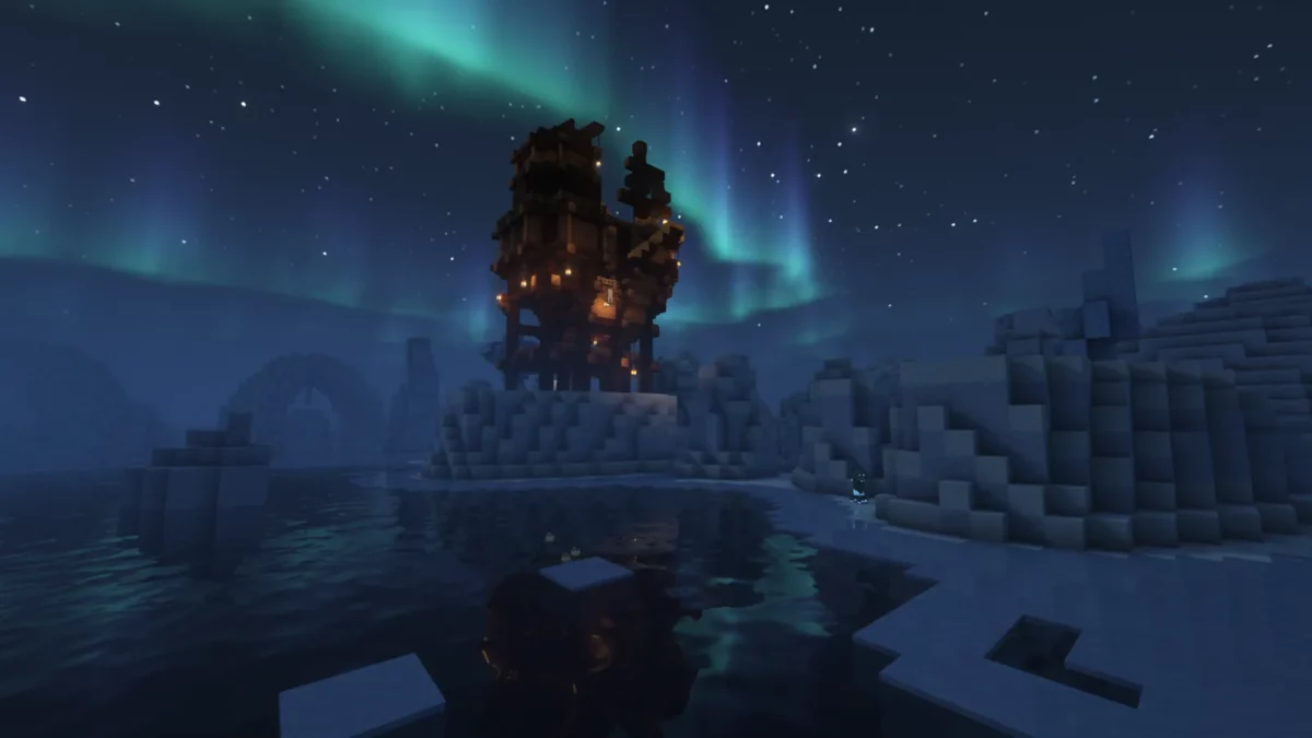 mod Minecraft Aquamirae tour en bois eclairee par des aurores boreales au-dessus d'un ocean gele